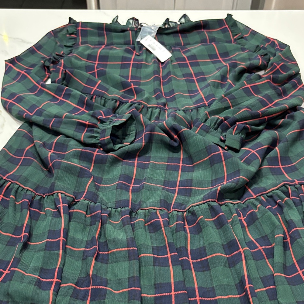J. Crew Dark Green Plaid Tiered Long Sleeve Dress - Picture 8 of 16